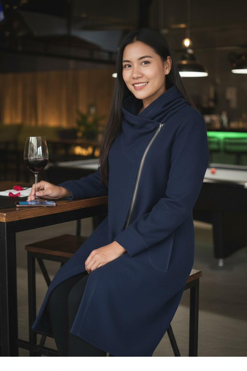 Navy Blue Long Hoodie — Draped Cowl Hood — Fre.s.Cute