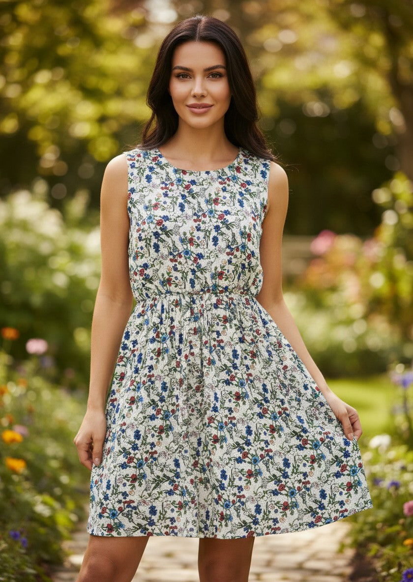 Classic Shop Floral & Feline Print Sleeveless Dress S/M