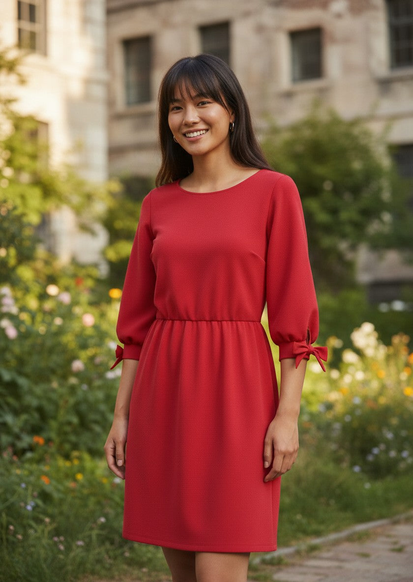 Mike Red Bow-Tie Cuff Three-Quarter Sleeve Dress M