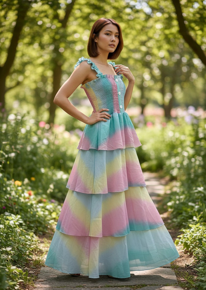 Kookai Rainbow Pastel Tiered Smocked Maxi Dress M