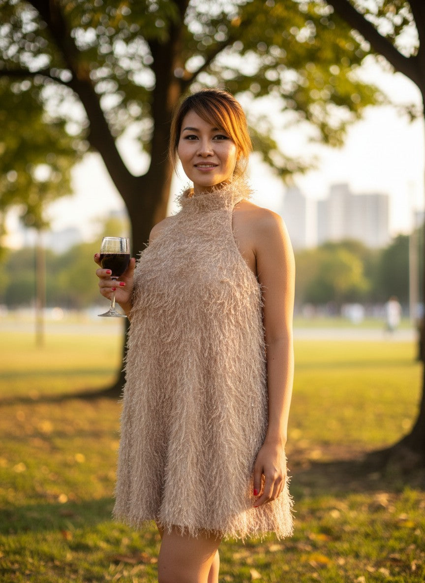 SHEIN BAE Apricot Fuzzy Halter Dress — XL / EUR 44