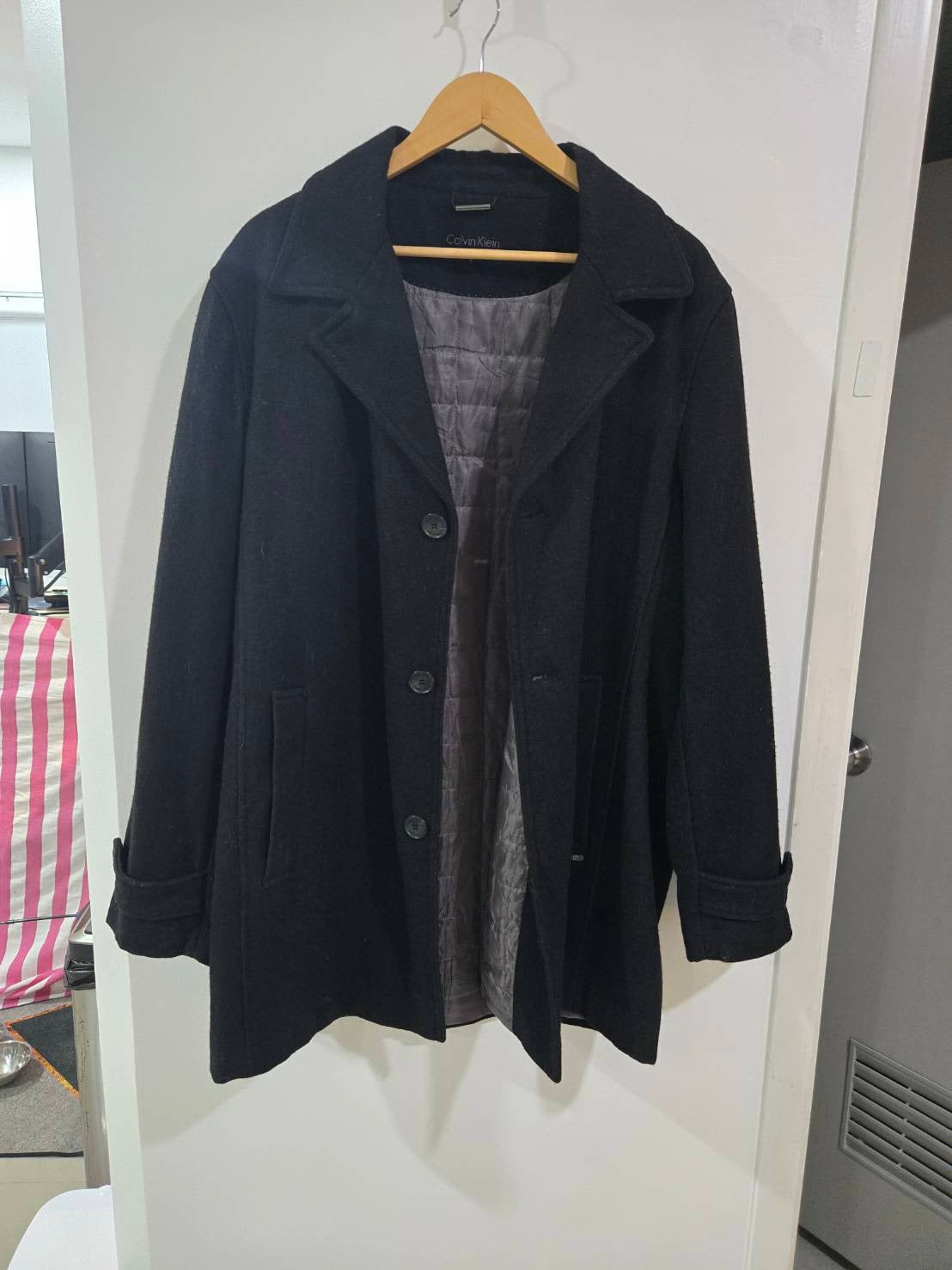 Men's Black Wool Coat — Notch Lapel — Calvin Klein