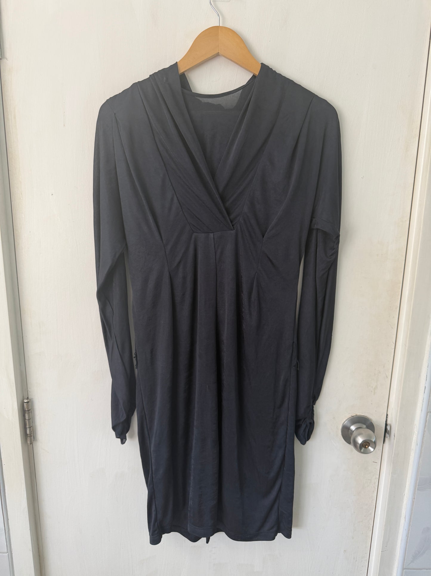 Black Draped V-Neck Ruched Jersey Mini Dress — Long Sleeve Elegant — BCBG Maxazria