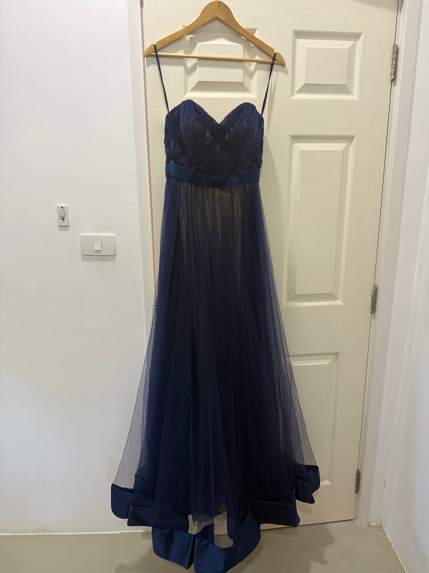 La Femme Navy Tulle Strapless Gown