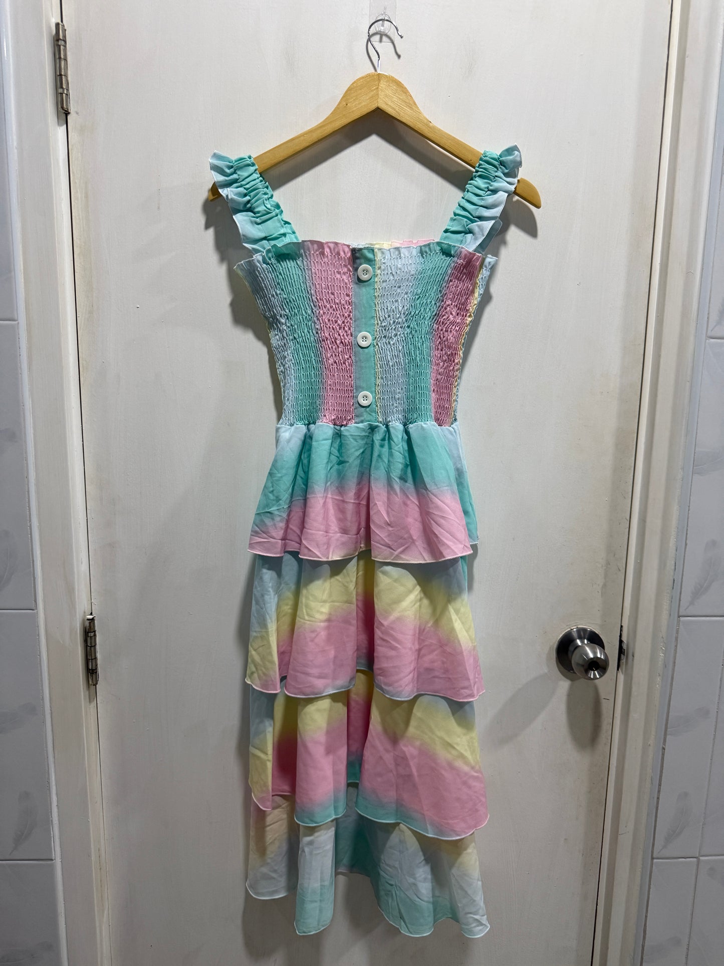 Kookai Rainbow Pastel Tiered Smocked Maxi Dress M