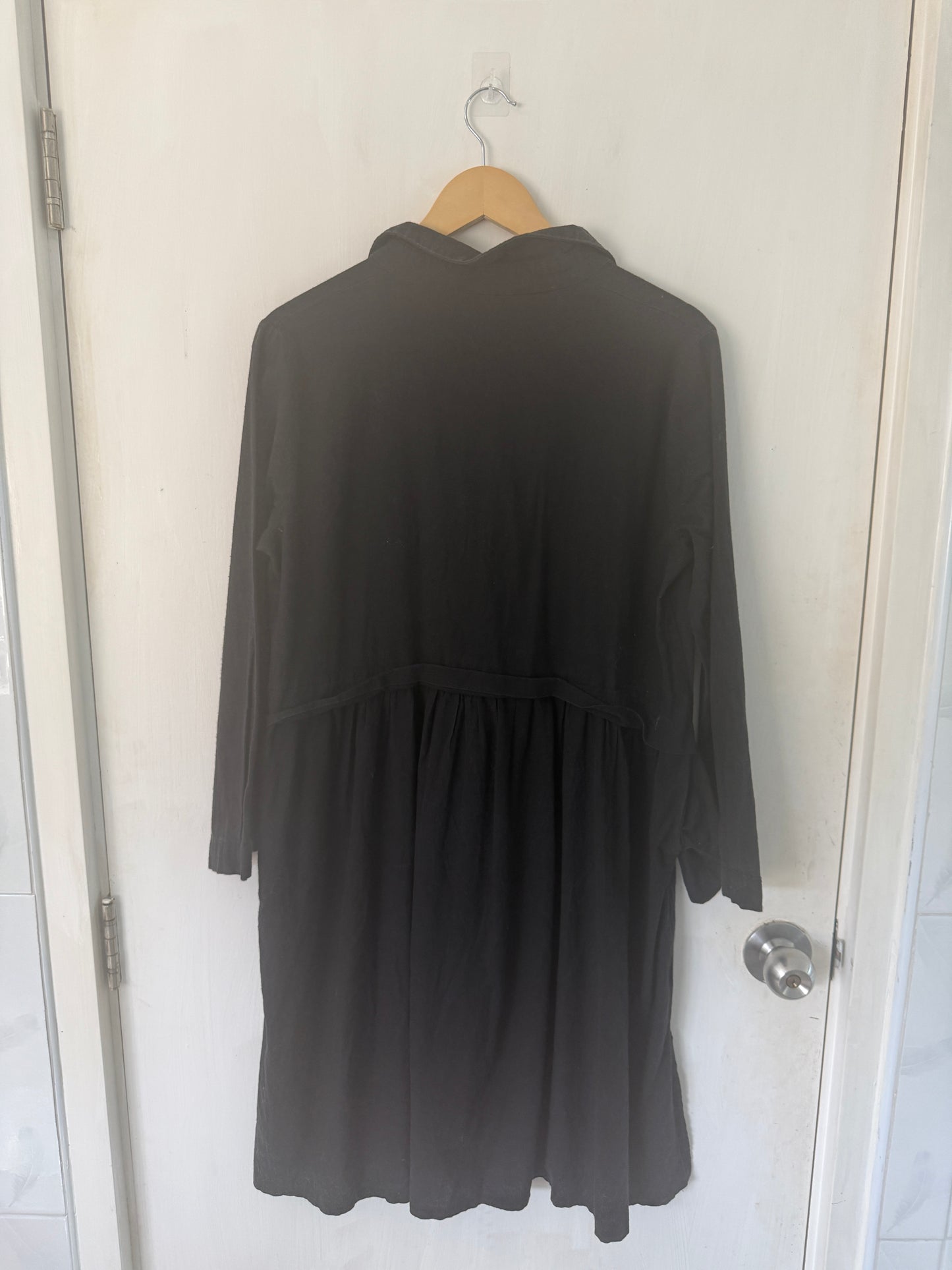 Black Gathered-Waist Shirt Dress — Button-Down Classic Silhouette — Yu Guo Guo