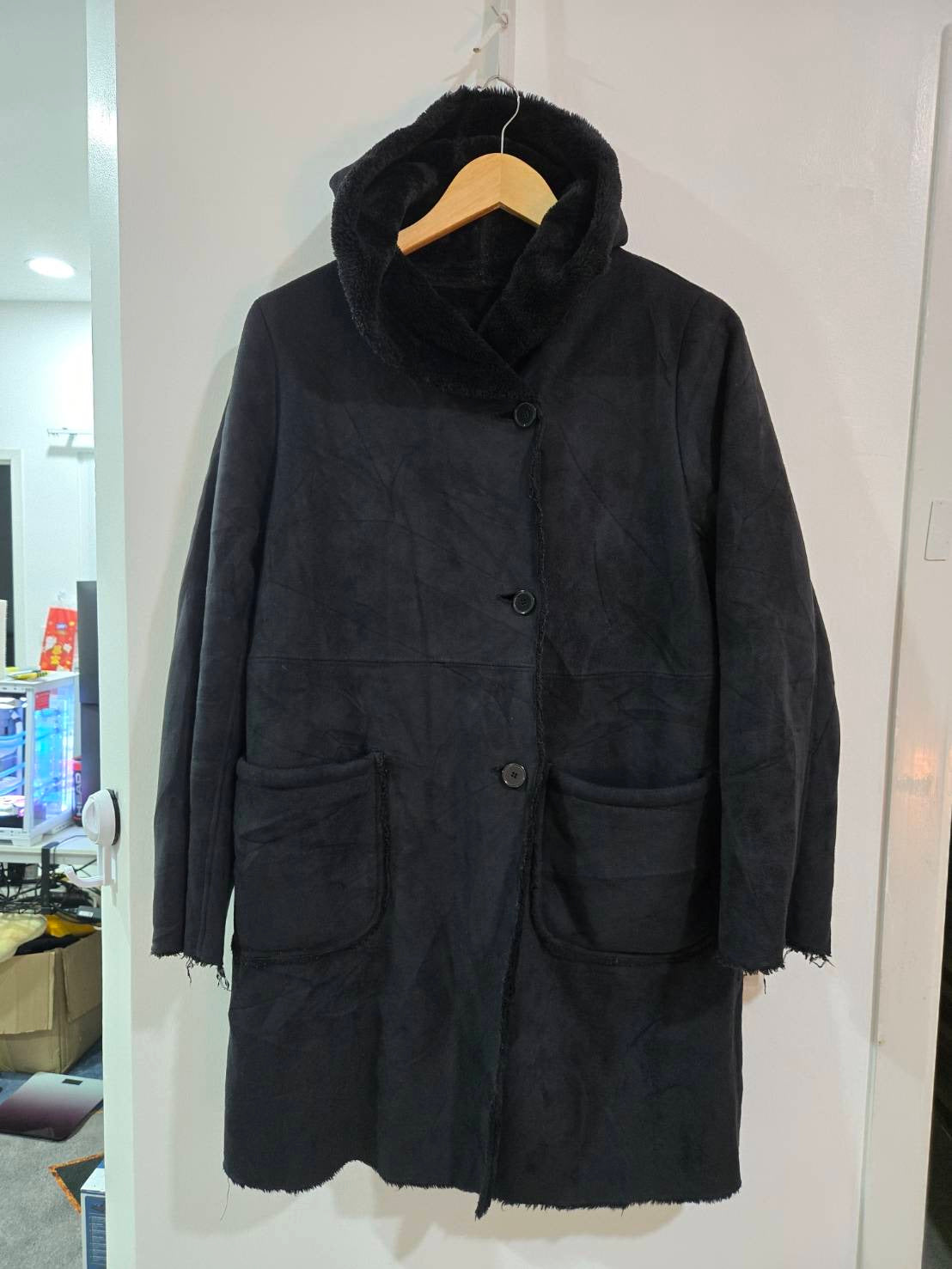Faux Mouton Hooded Coat — All Black — Global Work