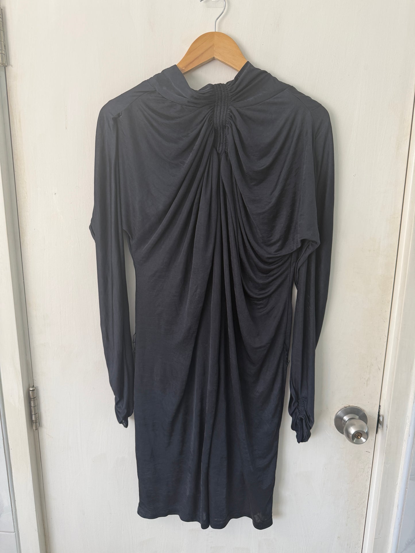 Black Draped V-Neck Ruched Jersey Mini Dress — Long Sleeve Elegant — BCBG Maxazria