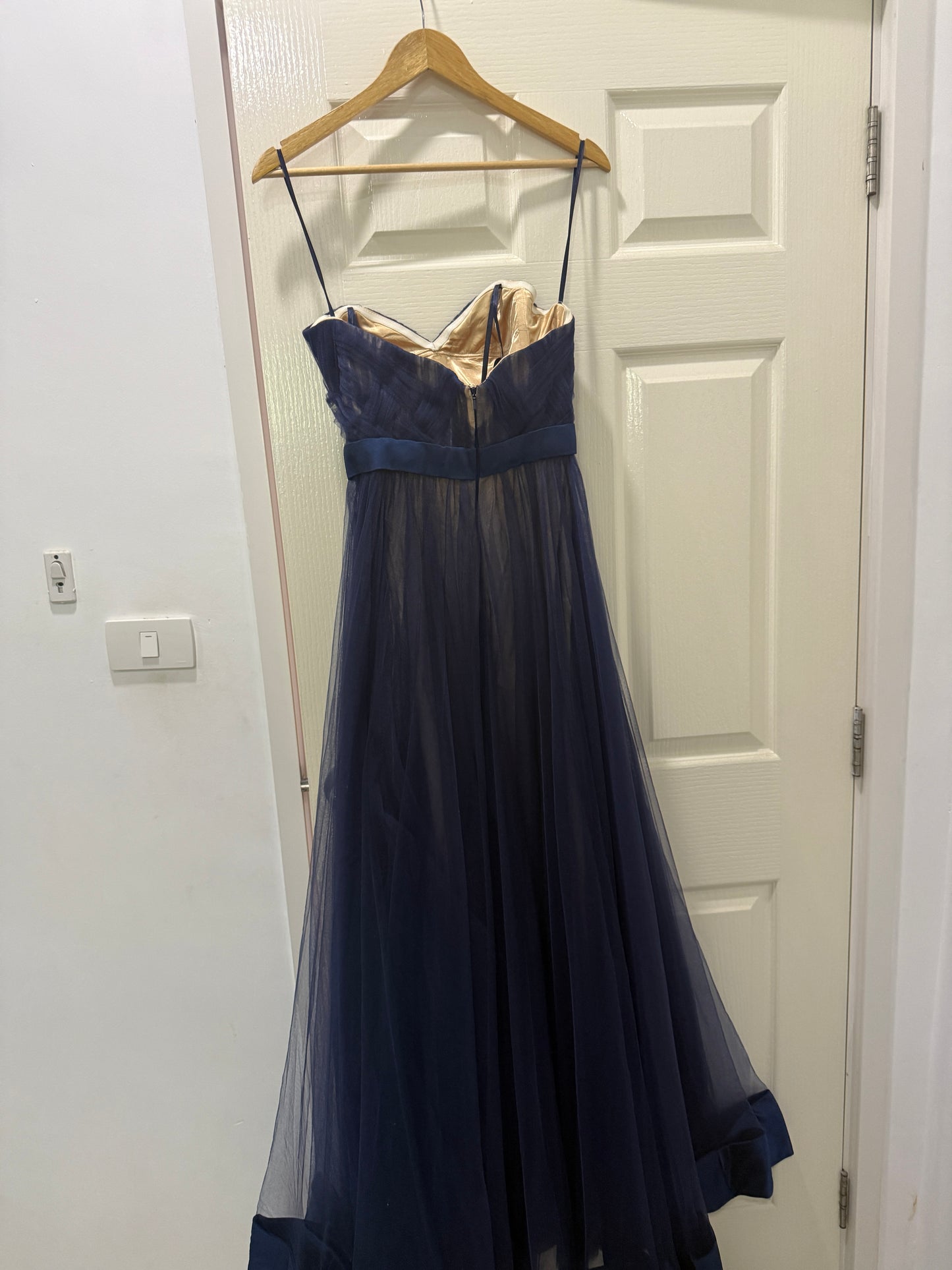La Femme Navy Tulle Strapless Gown