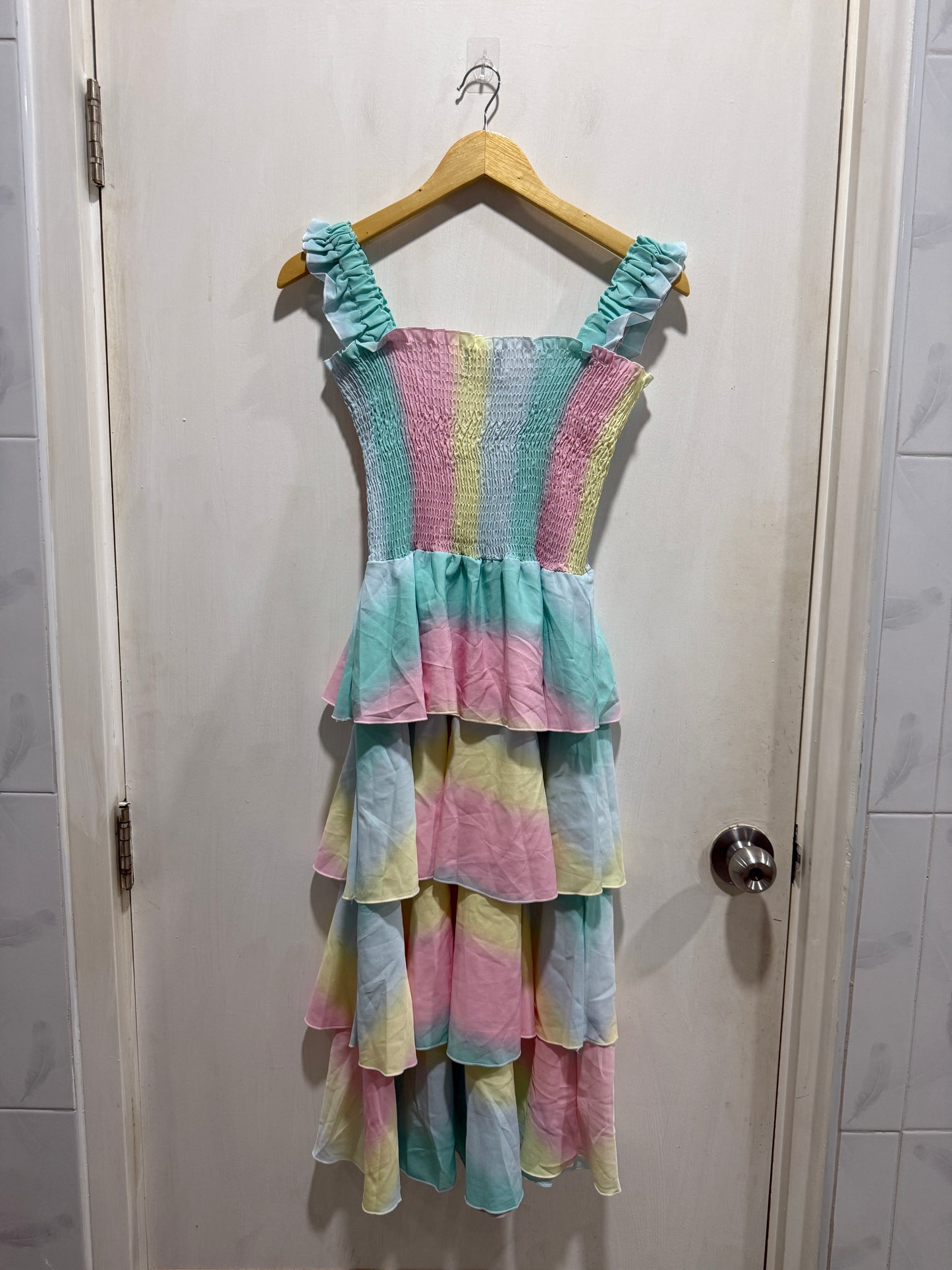 Kookai Rainbow Pastel Tiered Smocked Maxi Dress M