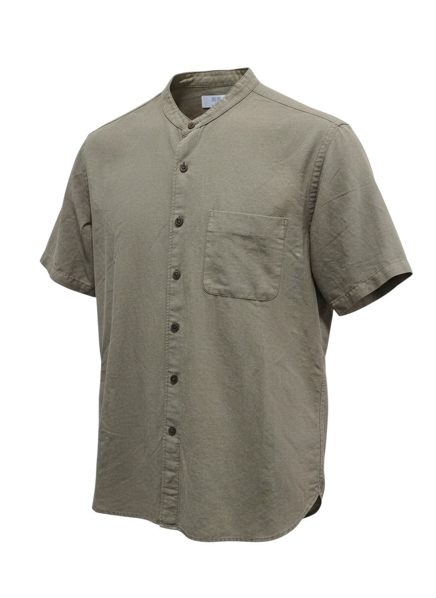 Light Olive Linen-Cotton Stand Collar Shirt — Short-Sleeve — Uniqlo