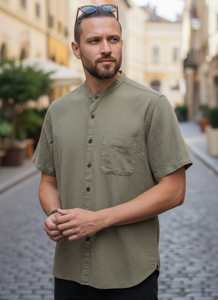 Light Olive Linen-Cotton Stand Collar Shirt — Short-Sleeve — Uniqlo