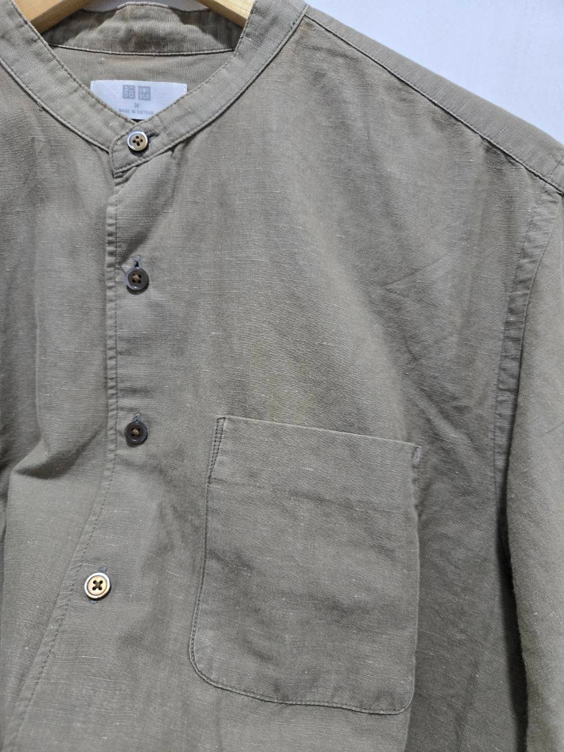 Light Olive Linen-Cotton Stand Collar Shirt — Short-Sleeve — Uniqlo