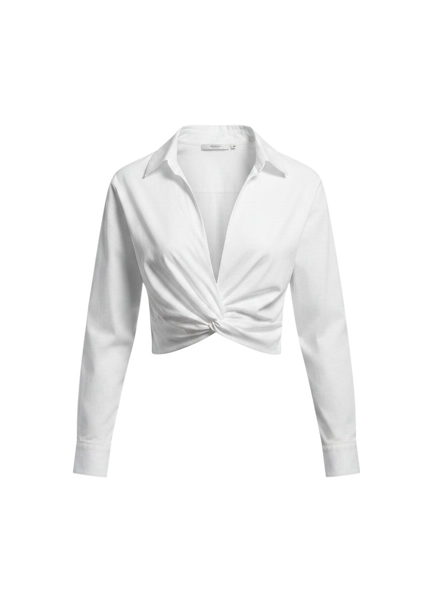 White Cropped Wrap-Front Shirt — Asymmetric Hem — No Label