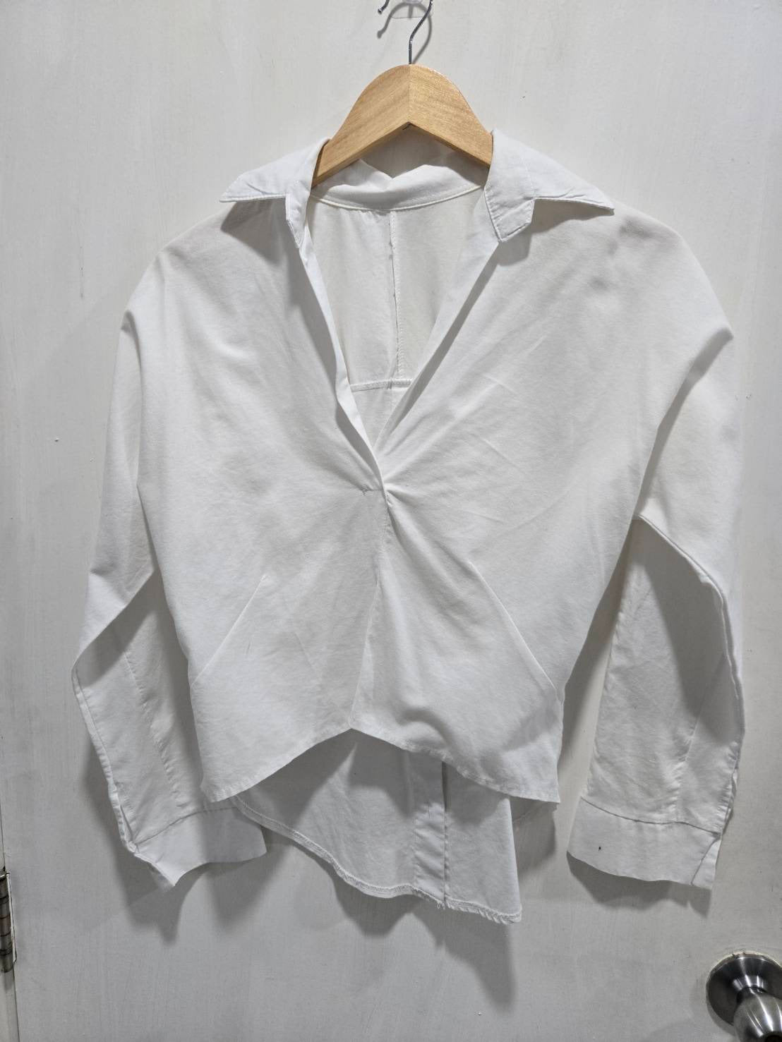 White Cropped Wrap-Front Shirt — Asymmetric Hem — No Label