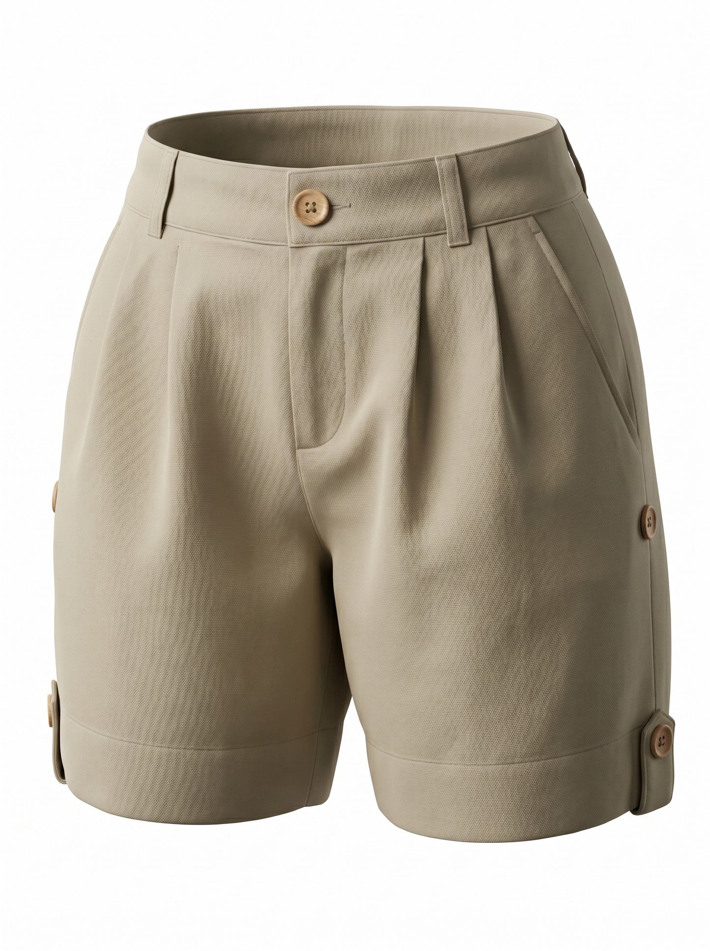Khaki High-Waist Pleated Shorts — Button Hem Tab — Lady de Cheval