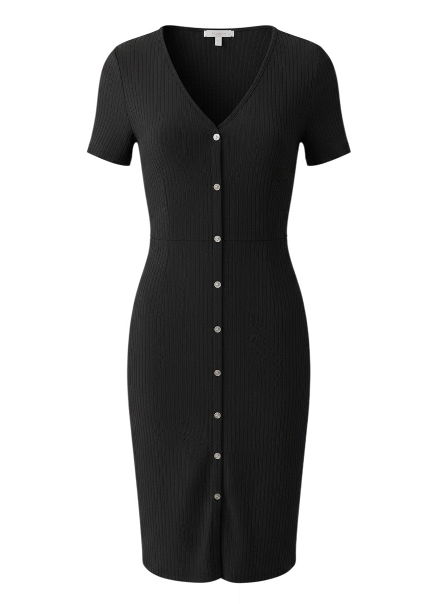 Black Ribbed Button-Down V-Neck Mini Dress — Sleek Versatile Essential — Shein