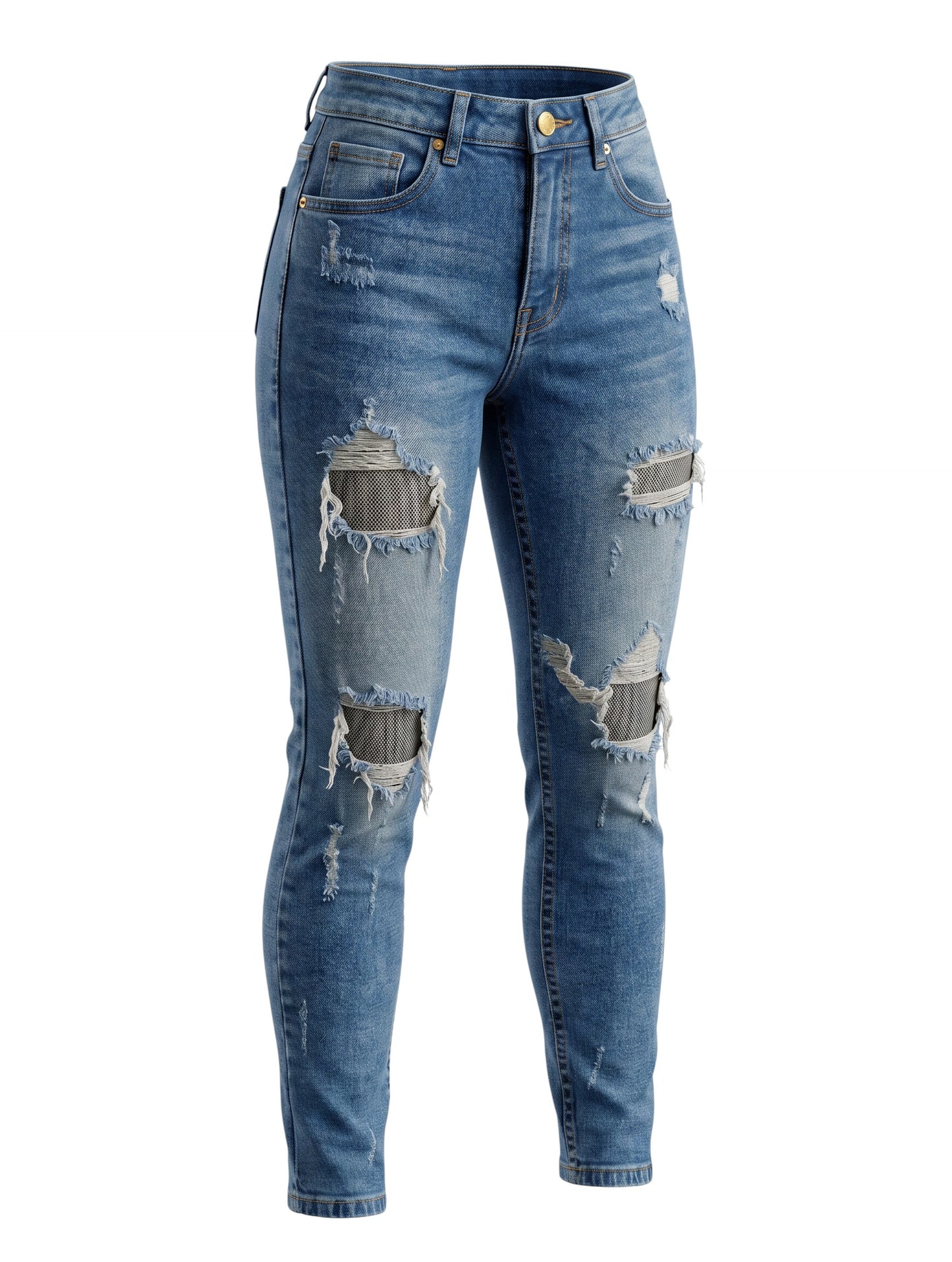 No Brand Medium Blue High-Waist Distressed Skinny Jeans Size S