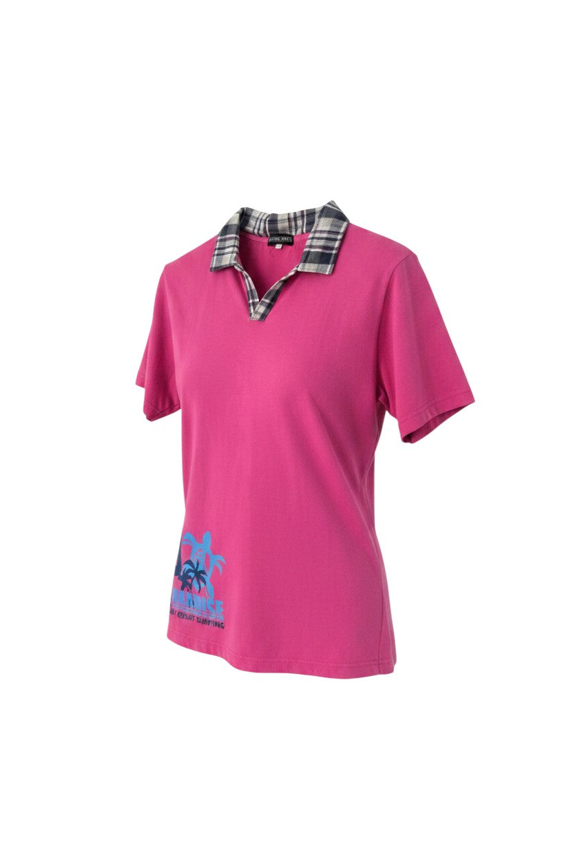 Pink Short-Sleeve Polo Shirt — Plaid Collar — Amore Puro