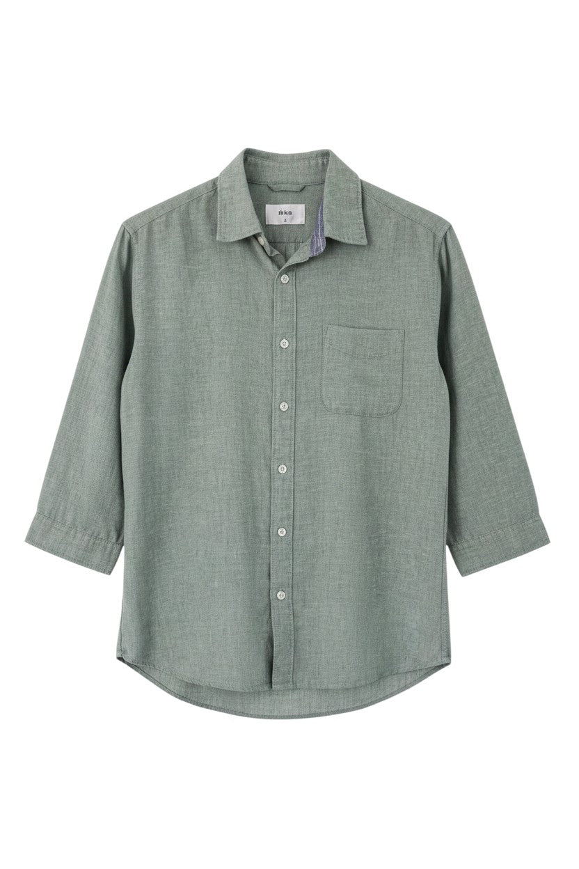 Green 3/4 Sleeve Shirt — Patterned Inner Collar — Ikka