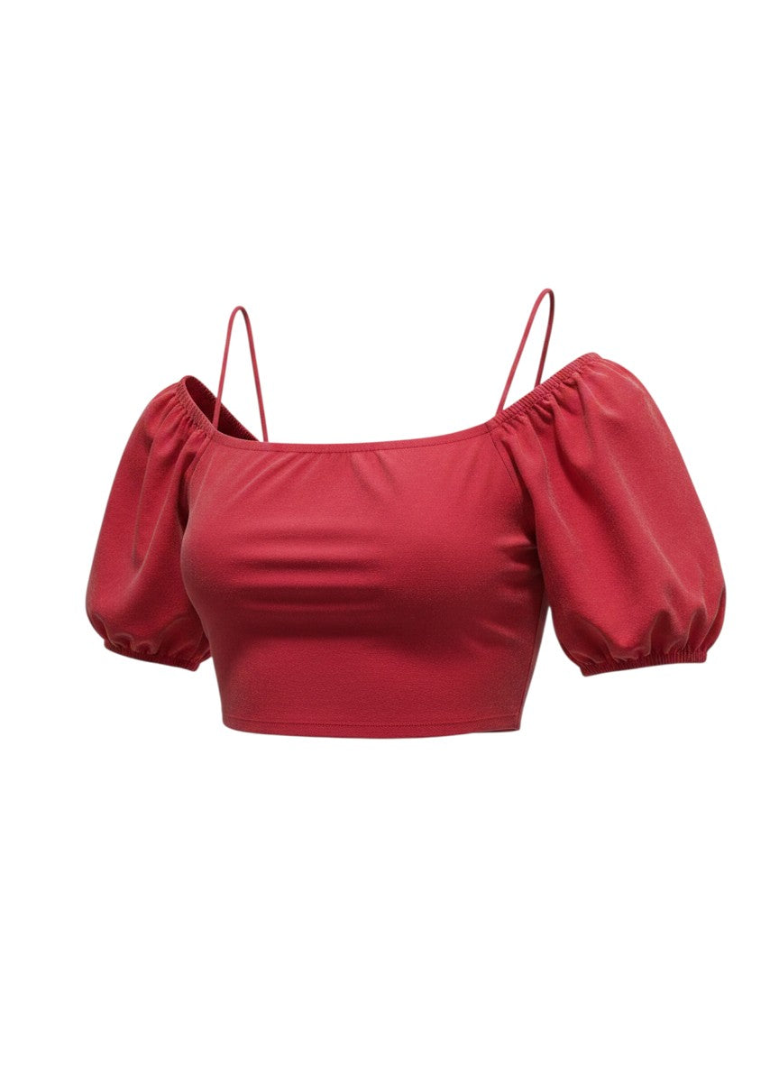 Pomelo Red Square-Neck Puff Sleeve Crop Blouse M