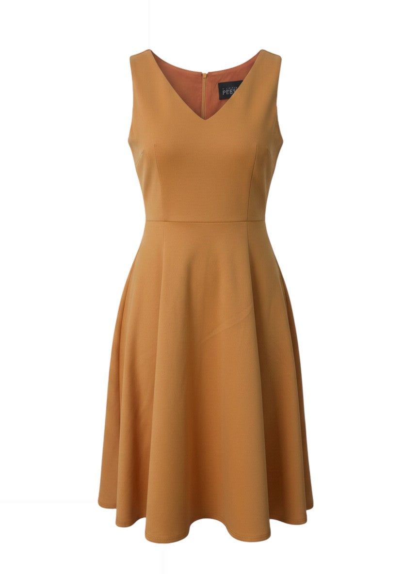 Orange Fit-and-Flare V-Neck Midi Dress — Warm Caramel Tone — Piyatida Peeya