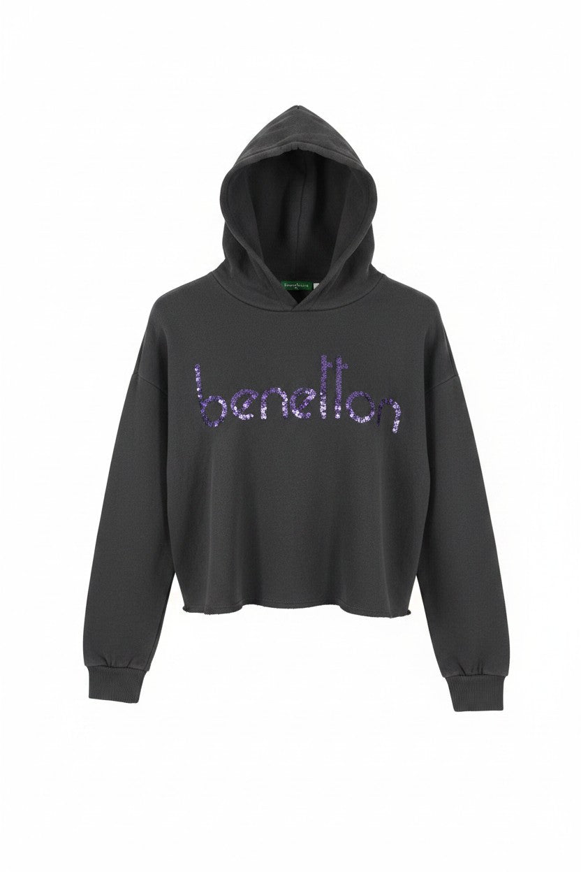 Cropped Hoodie — Grey with Purple Sequin Logo — United Colors of Benetton