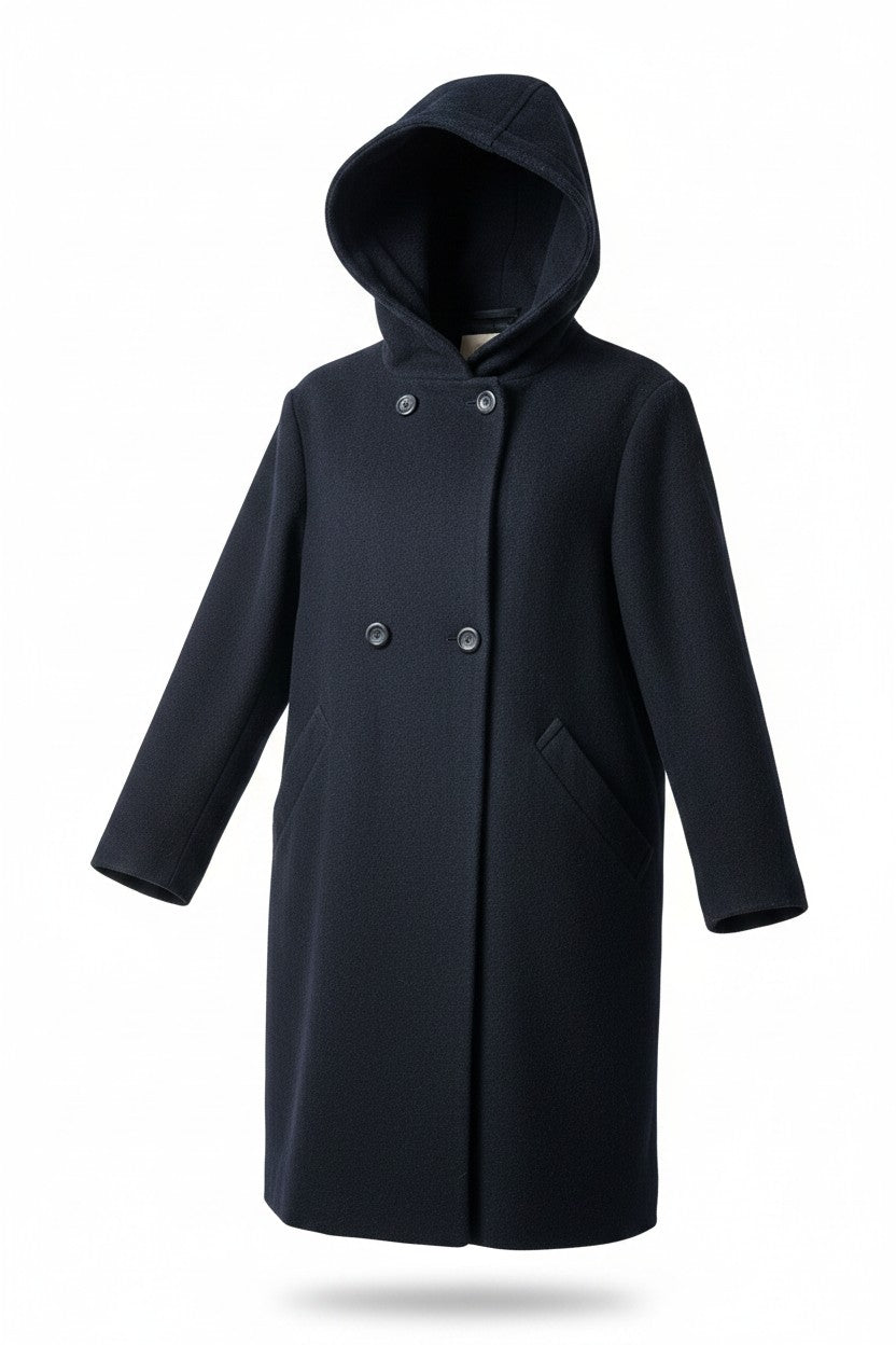 Navy Hooded Double-Breasted Wool Coat — Any Sis