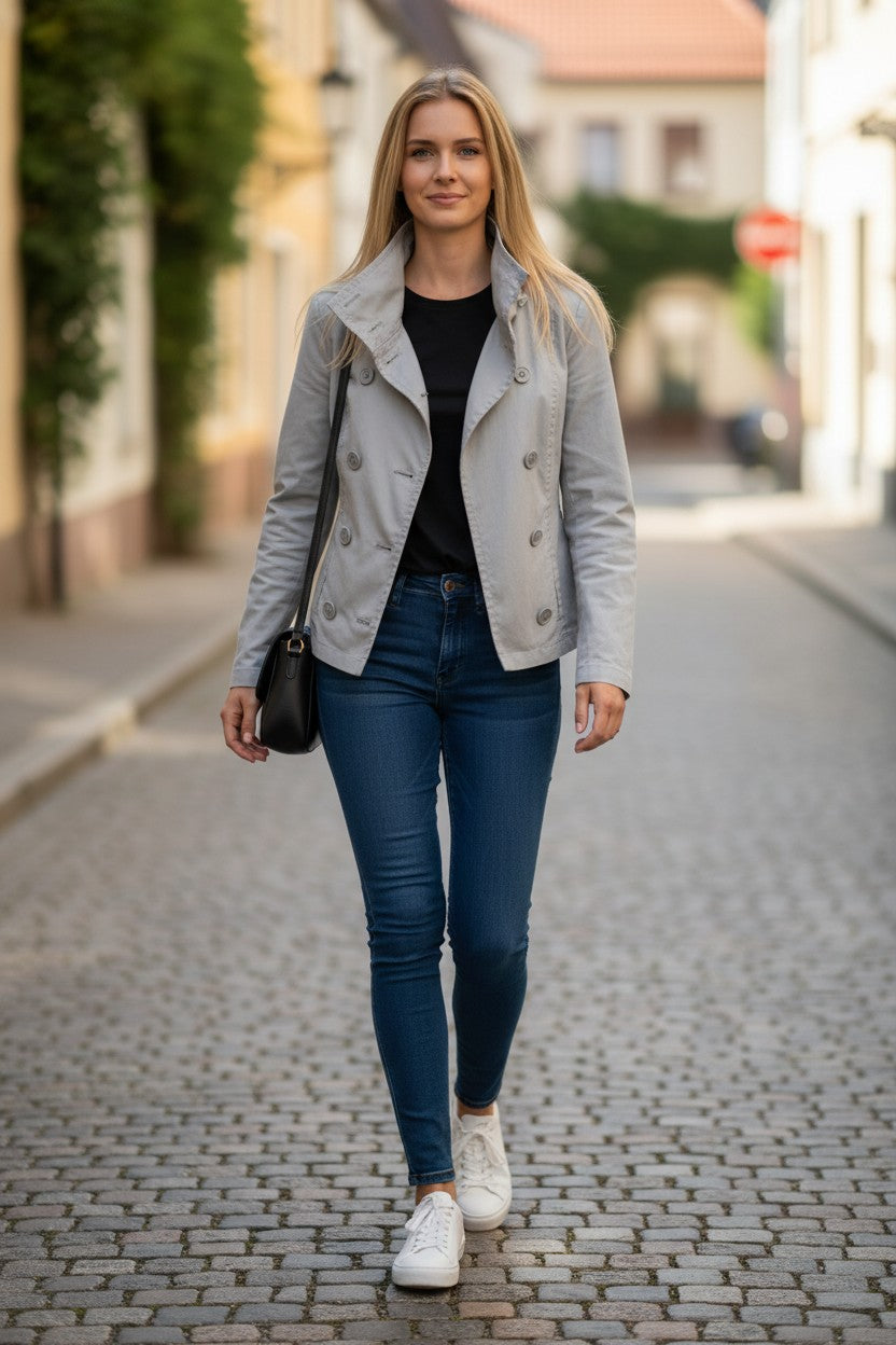 Double-Breasted High-Collar Cotton Jacket — Beige