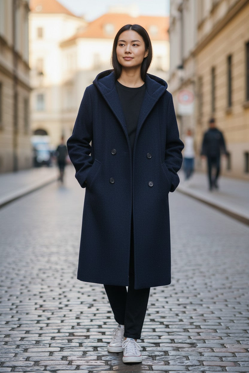 Navy Hooded Double-Breasted Wool Coat — Any Sis