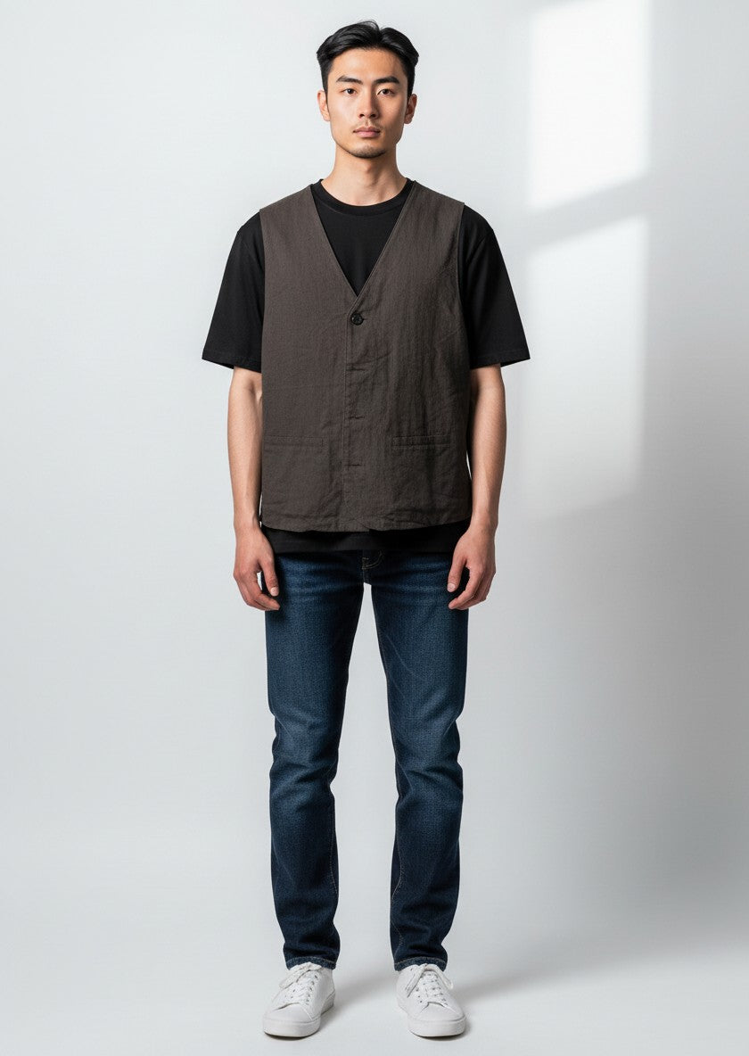 No Brand Brown Premium Linen V-Neck Vest M