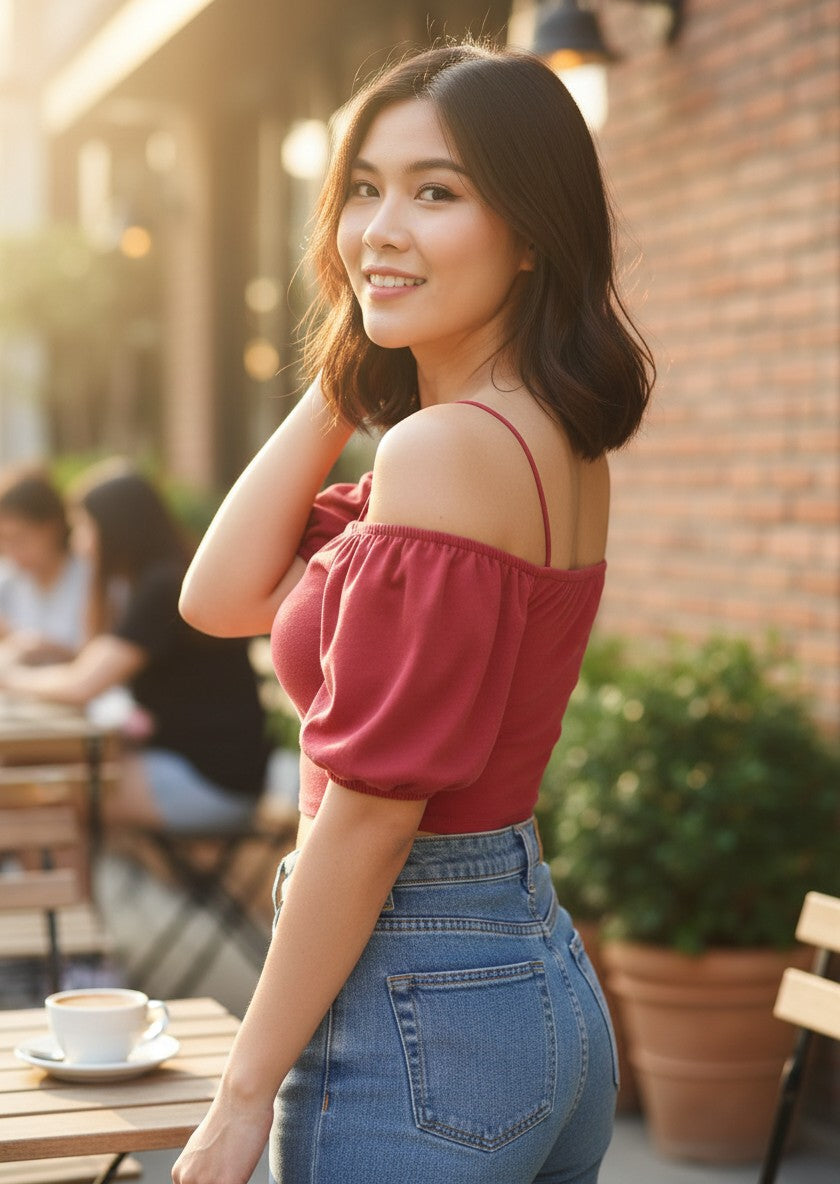Pomelo Red Square-Neck Puff Sleeve Crop Blouse M