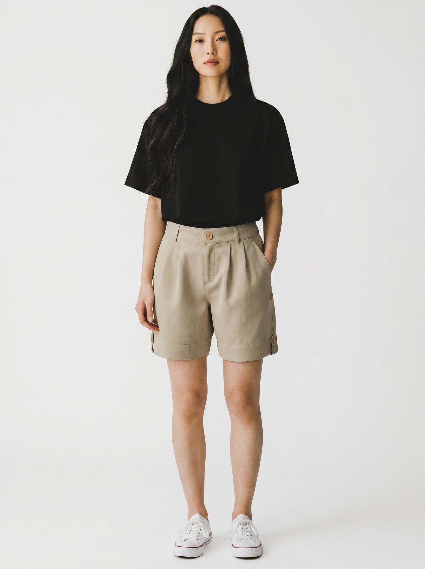 Khaki High-Waist Pleated Shorts — Button Hem Tab — Lady de Cheval