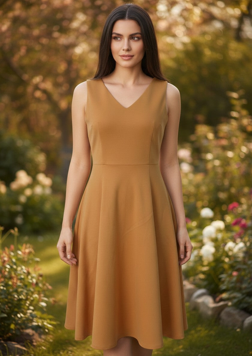 Orange Fit-and-Flare V-Neck Midi Dress — Warm Caramel Tone — Piyatida Peeya