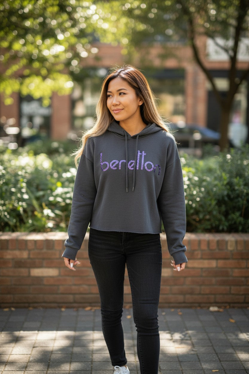 Cropped Hoodie — Grey with Purple Sequin Logo — United Colors of Benetton