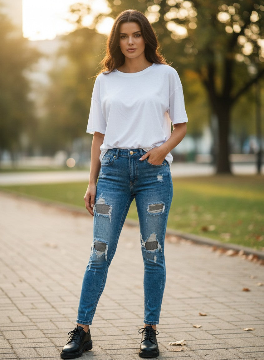 No Brand Medium Blue High-Waist Distressed Skinny Jeans Size S