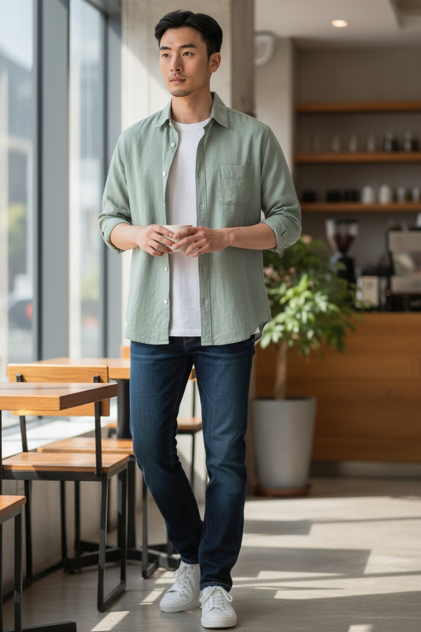 Green 3/4 Sleeve Shirt — Patterned Inner Collar — Ikka