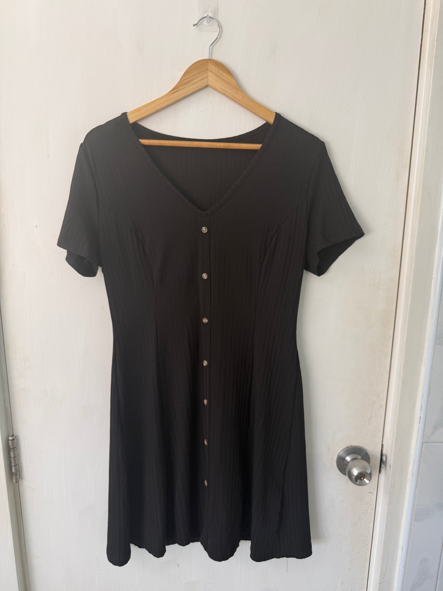 Black Ribbed Button-Down V-Neck Mini Dress — Sleek Versatile Essential — Shein