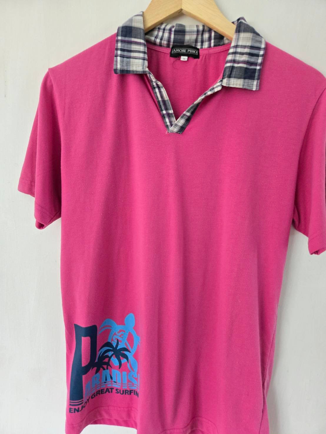 Pink Short-Sleeve Polo Shirt — Plaid Collar — Amore Puro