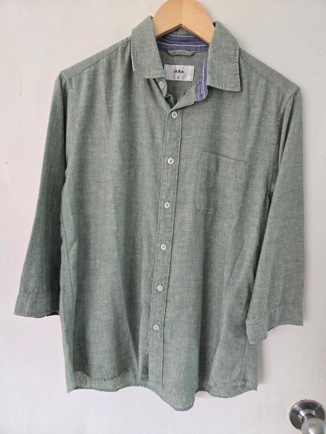 Green 3/4 Sleeve Shirt — Patterned Inner Collar — Ikka