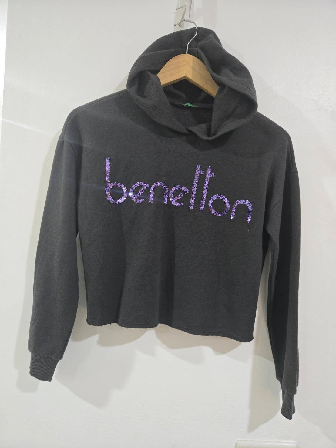 Cropped Hoodie — Grey with Purple Sequin Logo — United Colors of Benetton