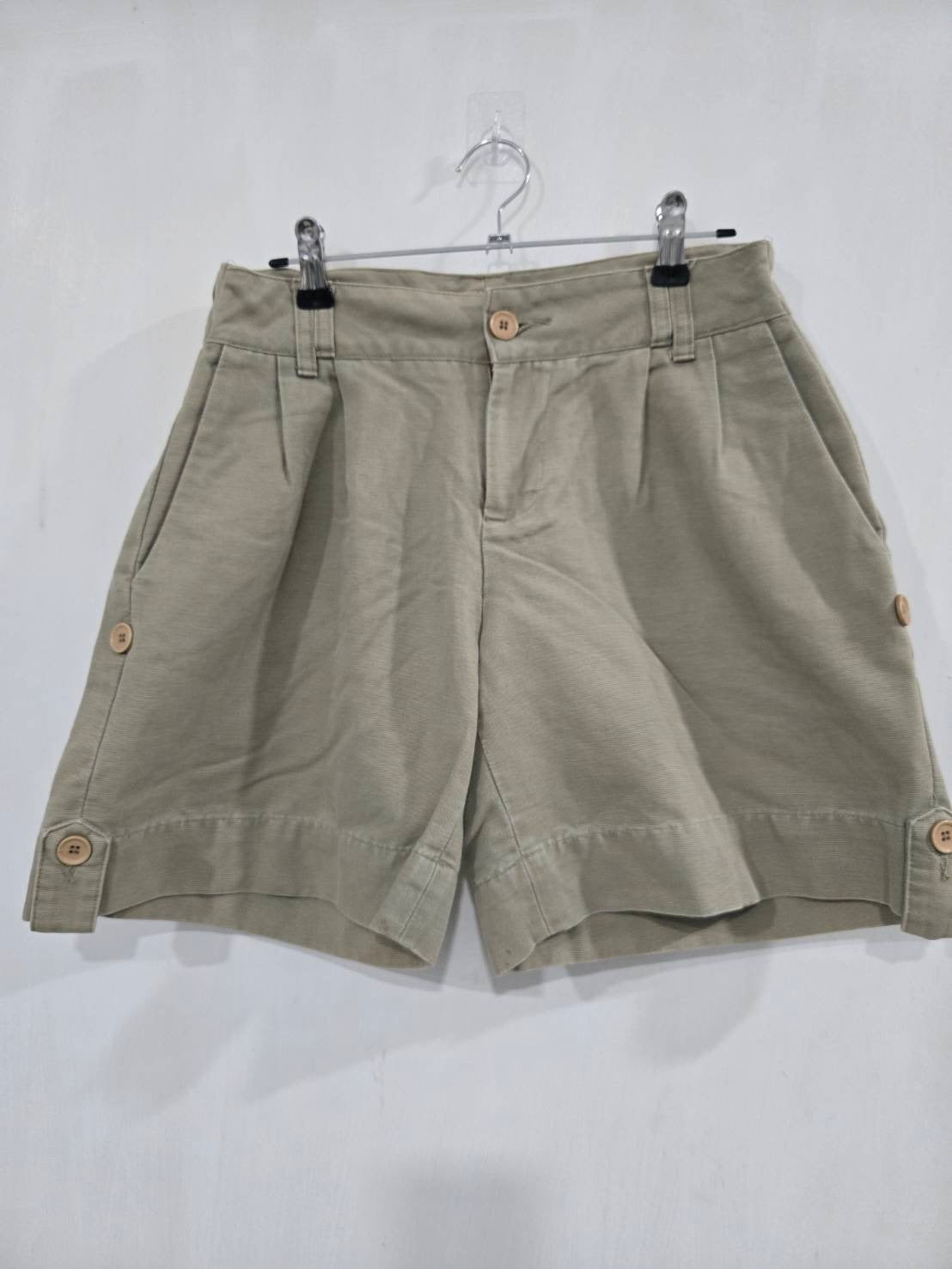 Khaki High-Waist Pleated Shorts — Button Hem Tab — Lady de Cheval