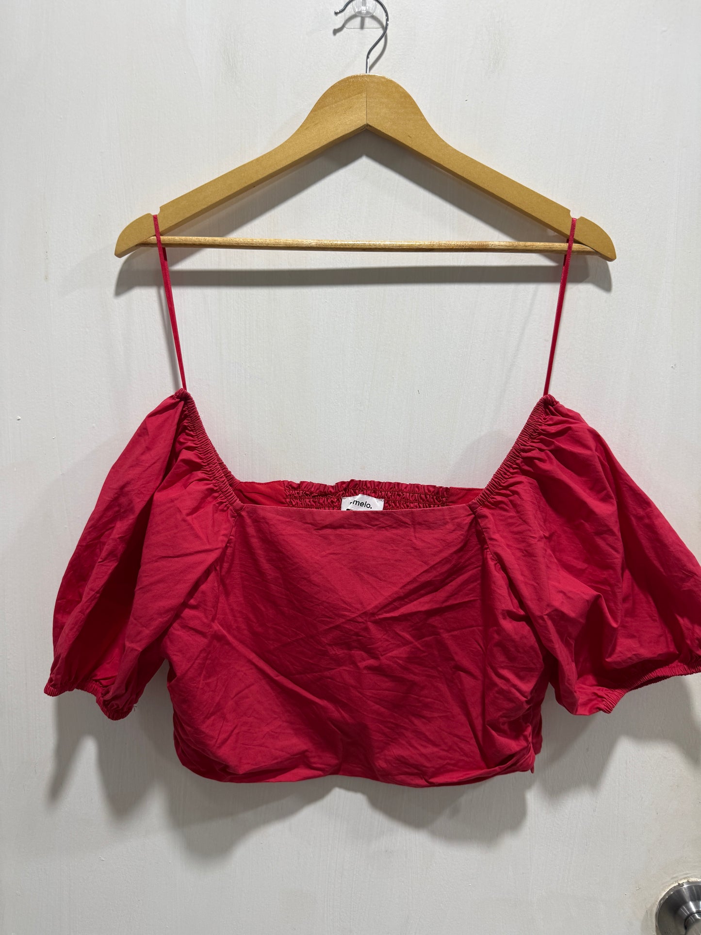 Pomelo Red Square-Neck Puff Sleeve Crop Blouse M
