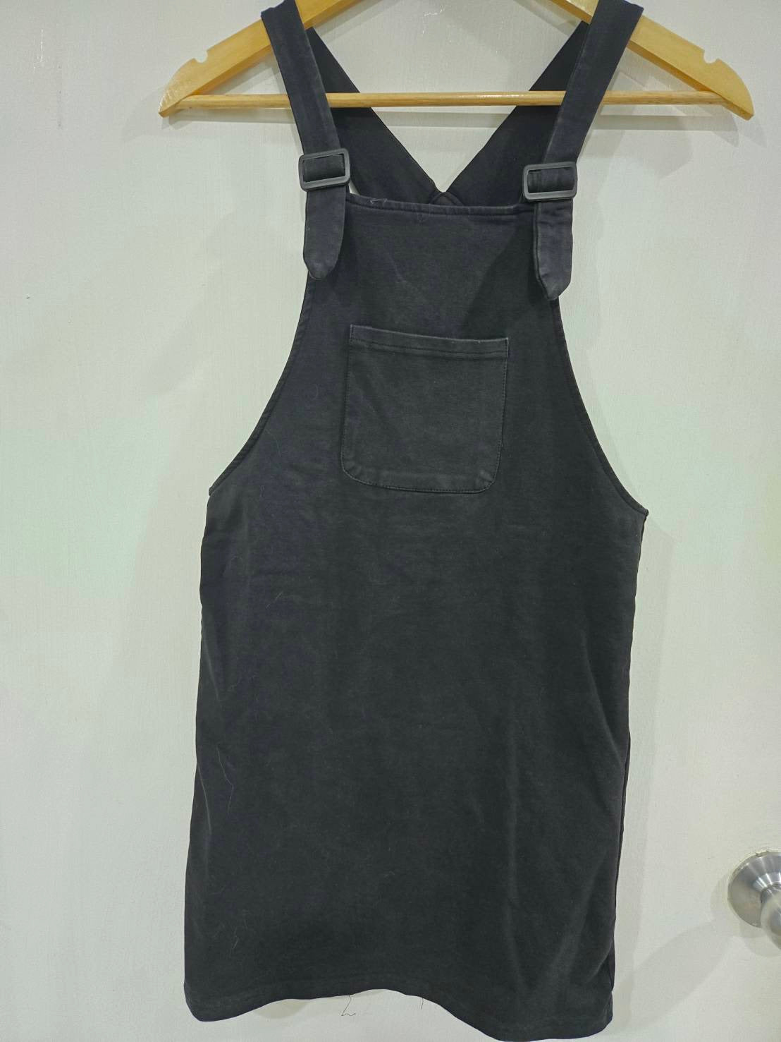 Black Denim Bib Overall Dress — Adjustable Strap Front Pocket — No Brand