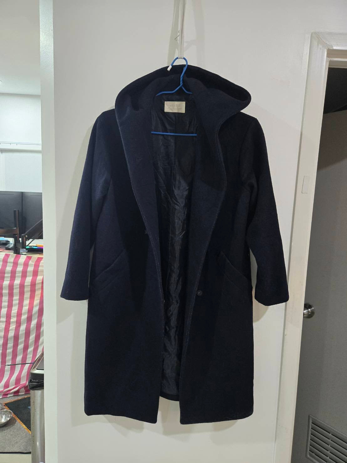 Navy Hooded Double-Breasted Wool Coat — Any Sis