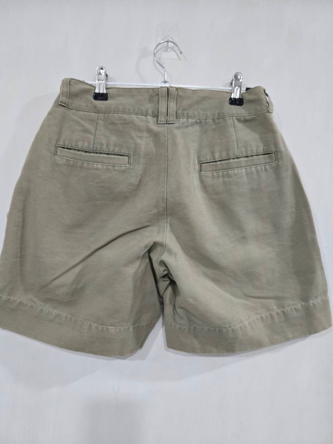 Khaki High-Waist Pleated Shorts — Button Hem Tab — Lady de Cheval