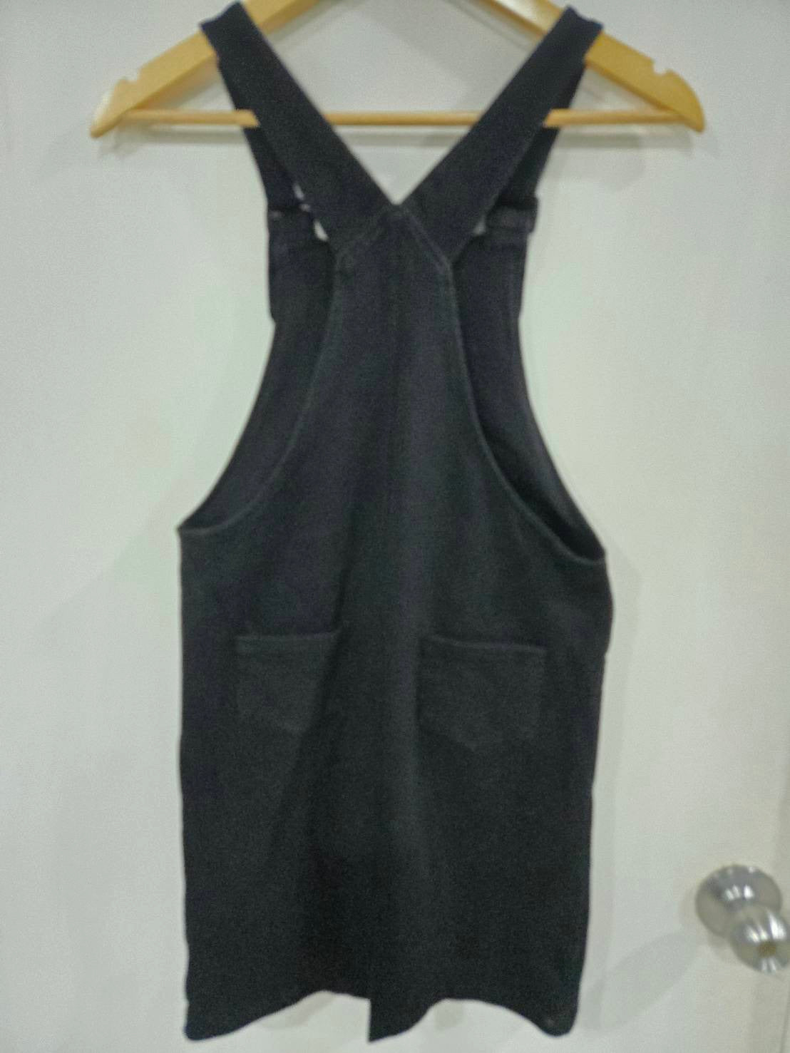 Black Denim Bib Overall Dress — Adjustable Strap Front Pocket — No Brand