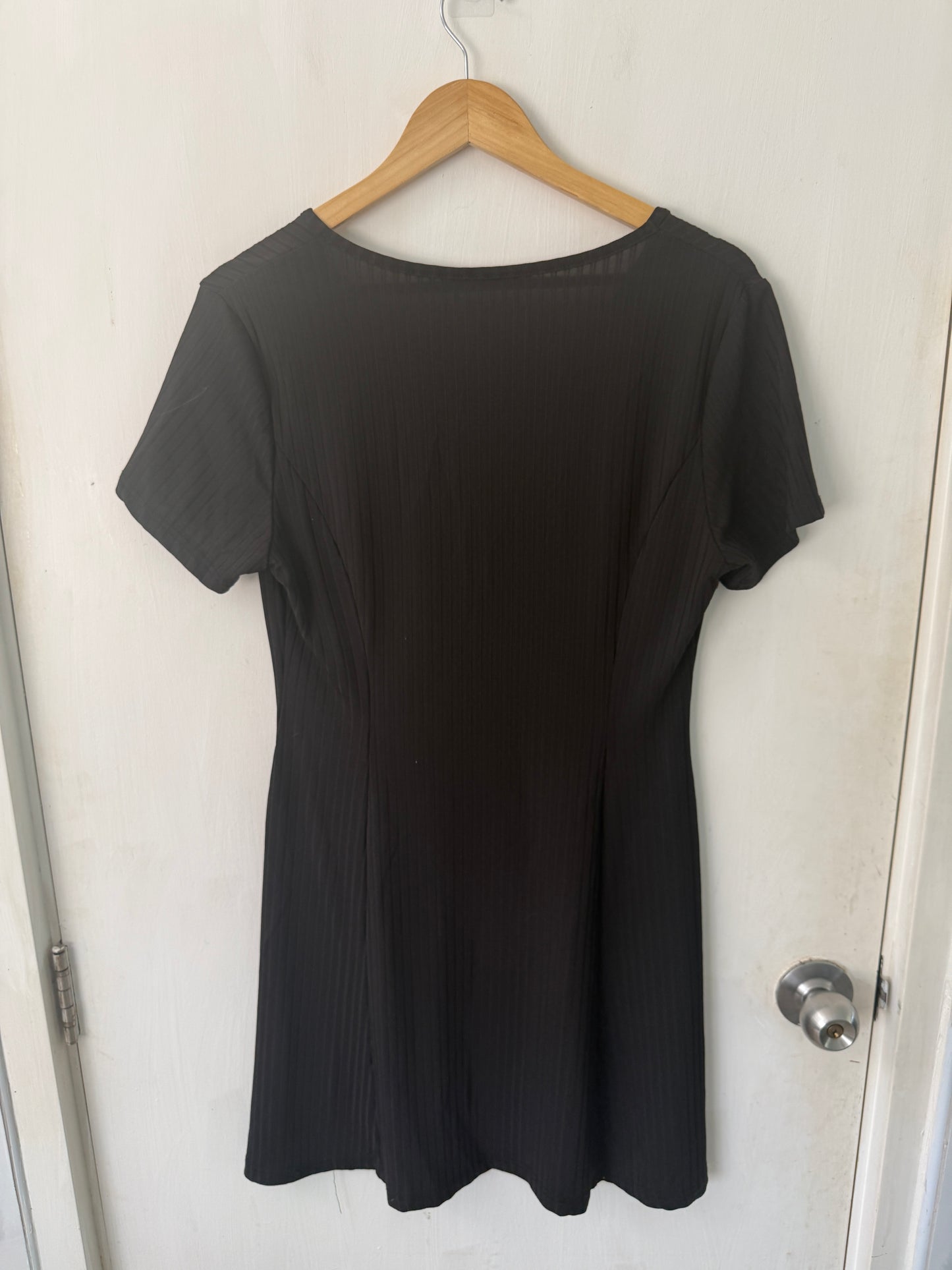 Black Ribbed Button-Down V-Neck Mini Dress — Sleek Versatile Essential — Shein