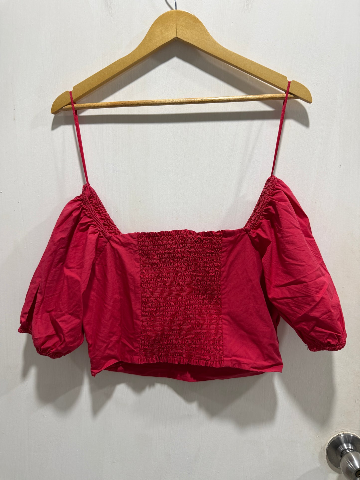 Pomelo Red Square-Neck Puff Sleeve Crop Blouse M