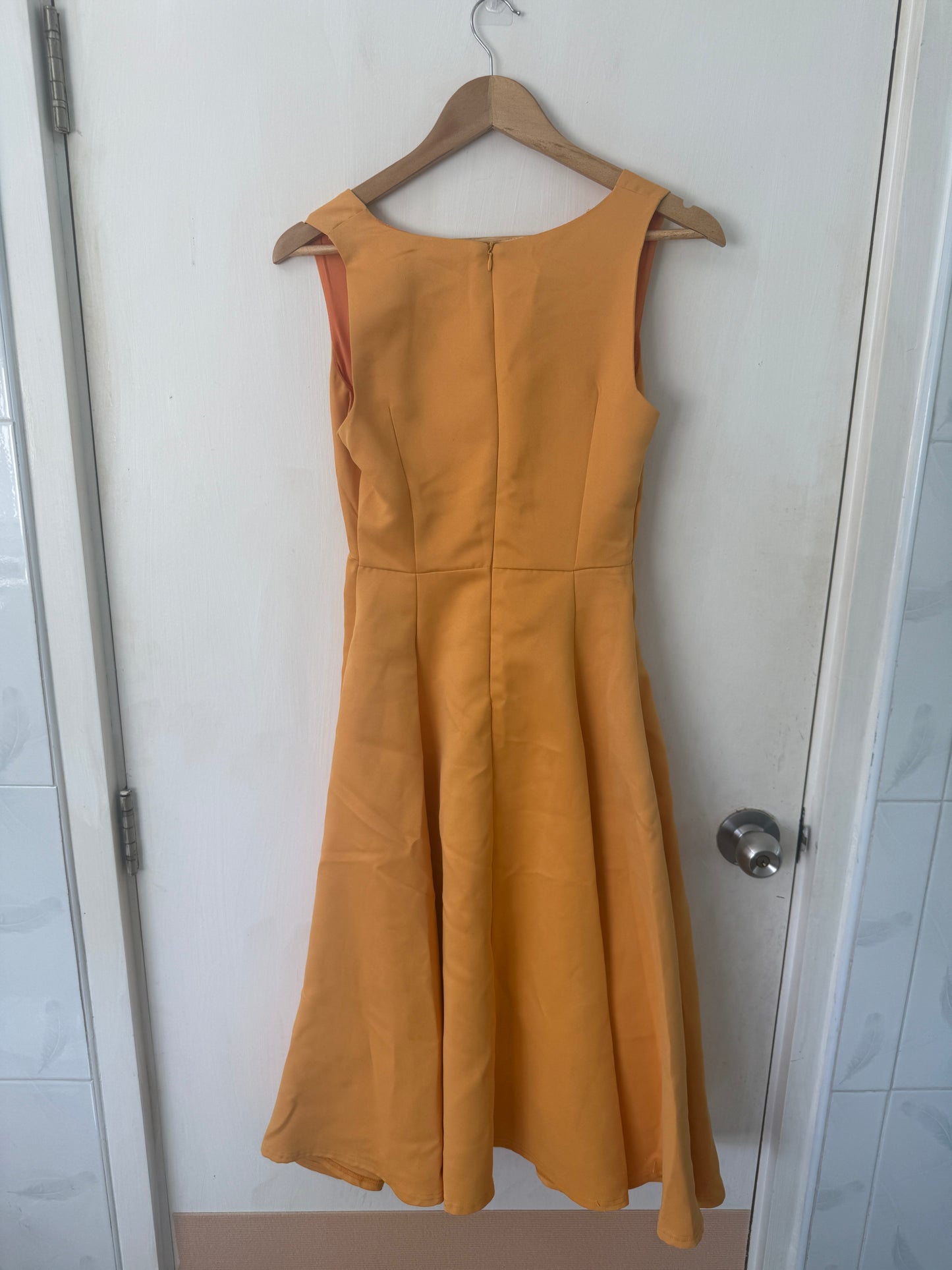 Orange Fit-and-Flare V-Neck Midi Dress — Warm Caramel Tone — Piyatida Peeya